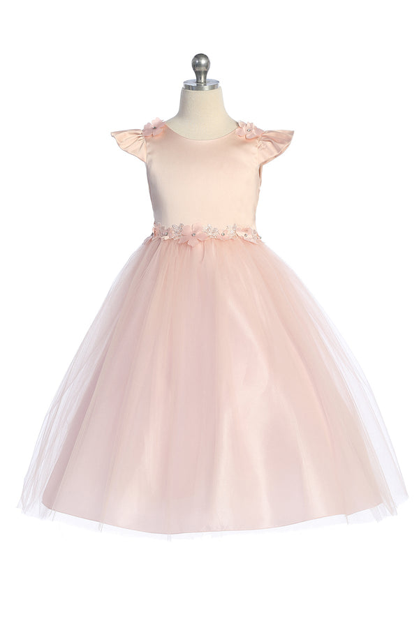 Girls Flutter Sleeve Floral Applique Flower Girl Dress 2-14